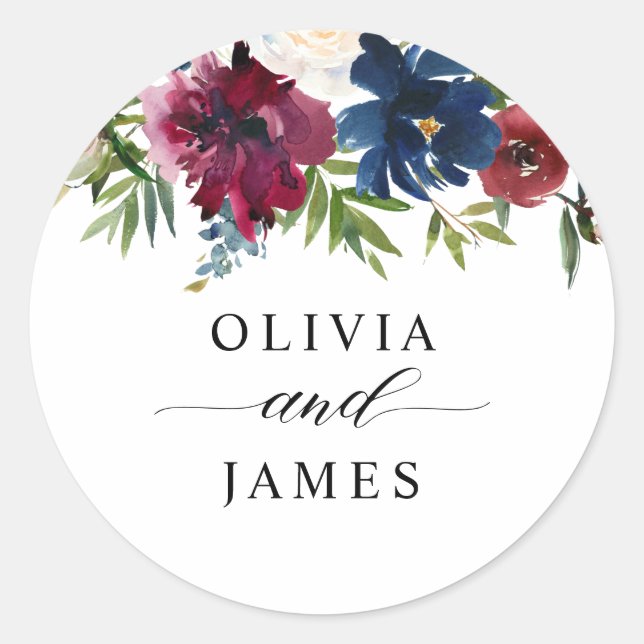 Navy Blue Burgundy Red Floral Chic Script Wedding Classic Round Sticker (Front)