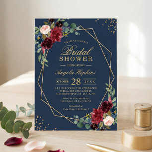 Navy Blue Burgundy Red Floral Modern Bridal Shower Invitation