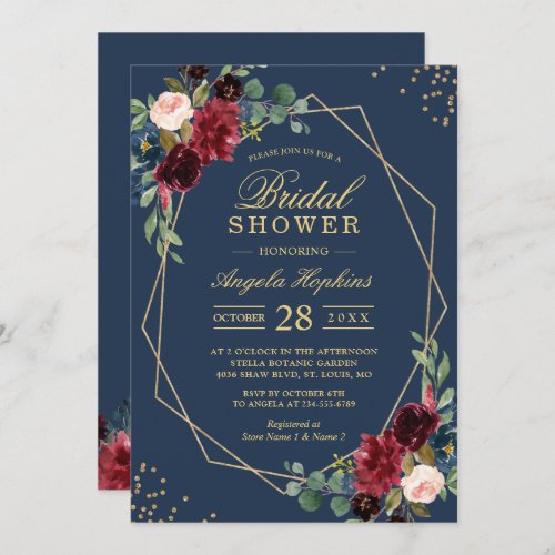 Navy Blue Burgundy Red Floral Modern Bridal Shower Invitation - Navy Blue Burgundy Red Floral Modern Geometric Frame Bridal Shower Invitation. 
(1) For further customization, please click the "customize further" link and use our design tool to modify this template. 
(2) If you prefer Thicker papers / Matte Finish, you may consider to choose the Matte Paper Type. 
(3) If you need help or matching items, please contact me.