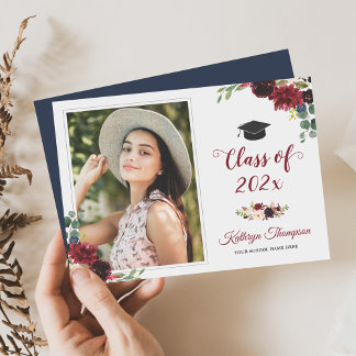 Navy Blue Burgundy Red Floral Photo Graduation Invitation