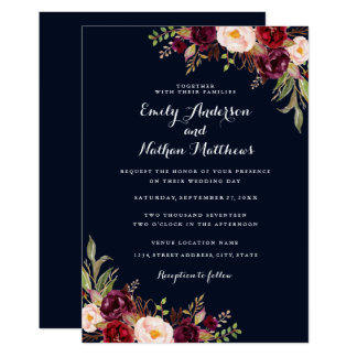 Navy Blue Burgundy Red Floral Wedding Invitation