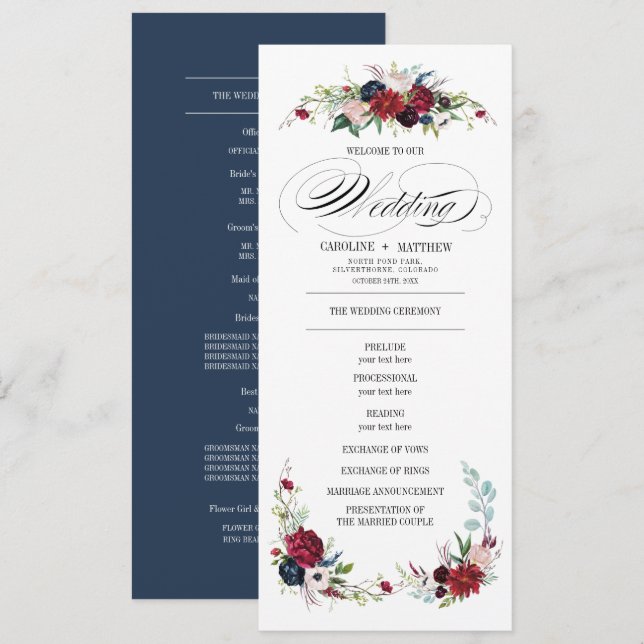 Navy Blue | Burgundy Red Floral Wedding Program (Front/Back)