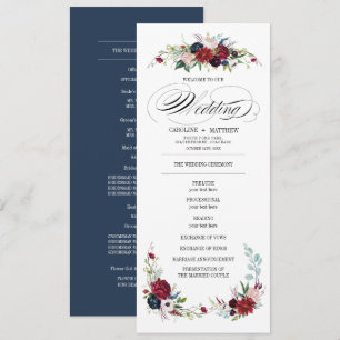 Navy Blue   Burgundy Red Floral Wedding Program