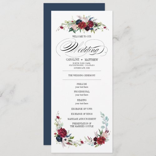 Navy Blue  Burgundy Red Floral Wedding Program