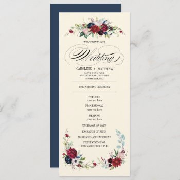 Navy Blue | Burgundy Red Floral Wedding Program by YourWeddingDay at Zazzle