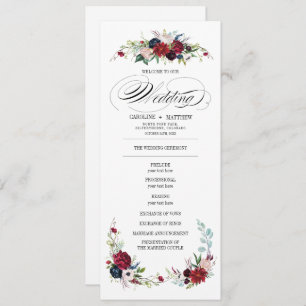 Navy Blue Burgundy Red Floral Wedding Program