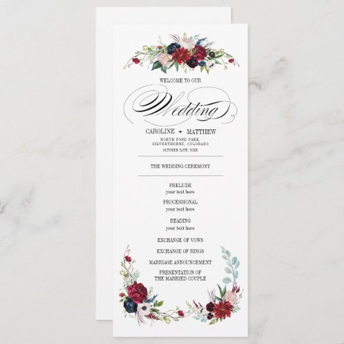 Navy Blue  Burgundy Red Floral Wedding Program