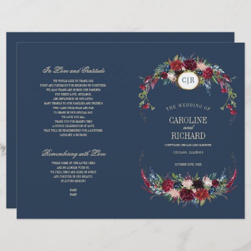 Navy Blue  Burgundy Red Floral Wedding Program