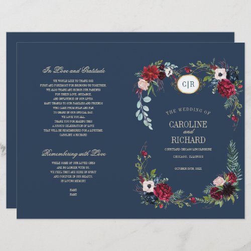 Navy Blue  Burgundy  Red Floral Wedding Program