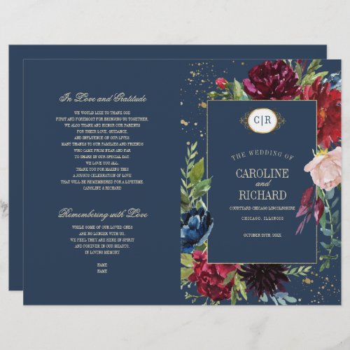 Navy Blue  Burgundy  Red Floral Wedding Program