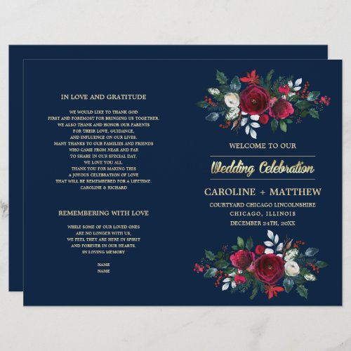 Navy Blue  Burgundy Red Floral Wedding Programs