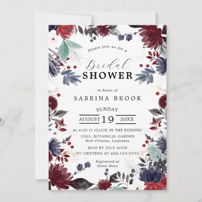 Navy Blue Burgundy Red Gothic Floral Bridal Shower Invitation (Front)
