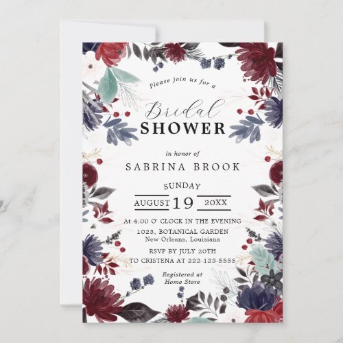 Navy Blue Burgundy Red Gothic Floral Bridal Shower Invitation