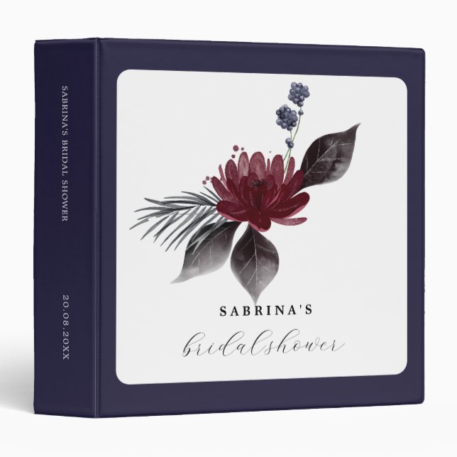 Navy Blue Burgundy Red Gothic Floral Wedding 3 Ring Binder (Front/Spine)