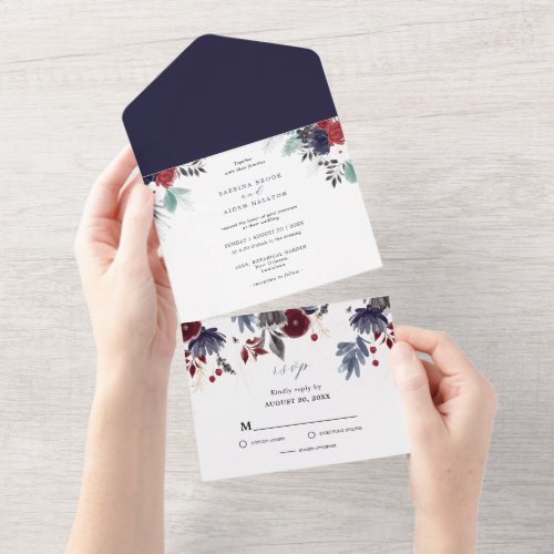 Navy Blue Burgundy Red Gothic Floral Wedding All In One Invitation
