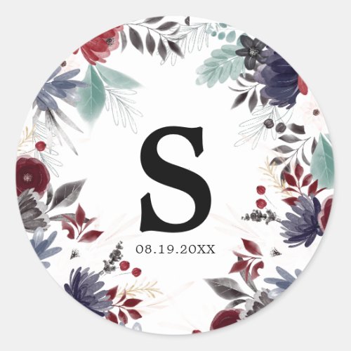 Navy Blue Burgundy Red Gothic Floral Wedding Classic Round Sticker