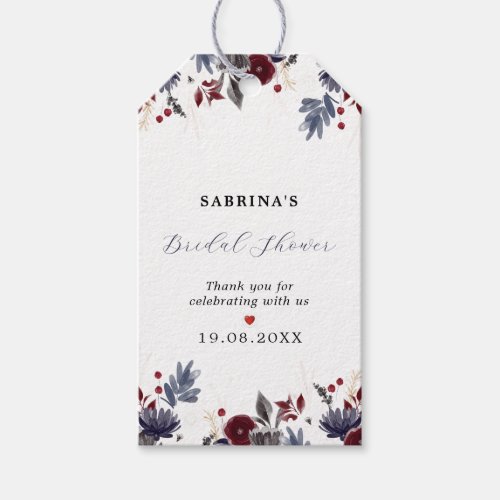 Navy Blue Burgundy Red Gothic Floral Wedding  Gift Tags