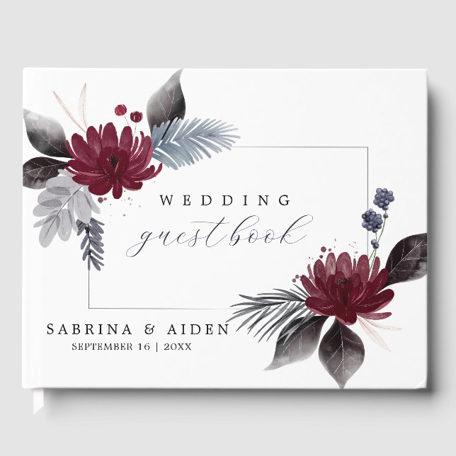 Navy Blue Burgundy Red Gothic Floral Wedding  Guest Book (Front)