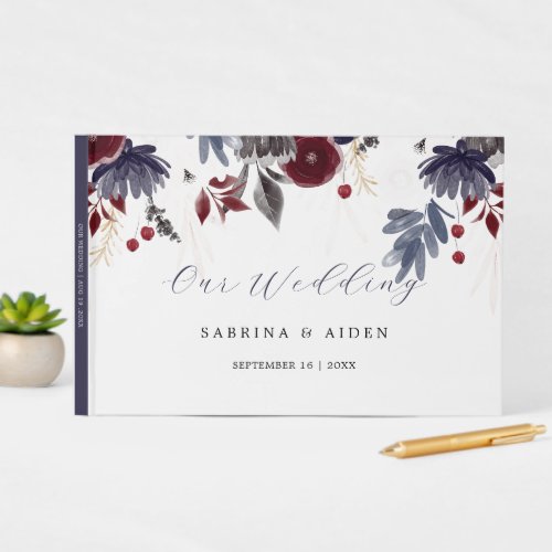 Navy Blue Burgundy Red Gothic Floral Wedding  Guest Book