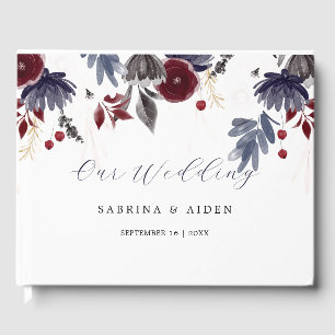 Navy Blue Burgundy Red Gothic Floral Wedding  Guest Book