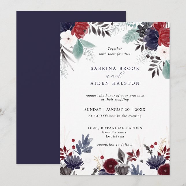 Navy Blue Burgundy Red Gothic Floral Wedding  Invitation (Front/Back)