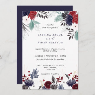 Navy Blue Burgundy Red Gothic Floral Wedding Invitation
