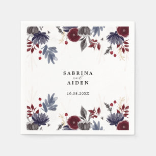 Navy Blue Burgundy Red Gothic Floral Wedding Napkins