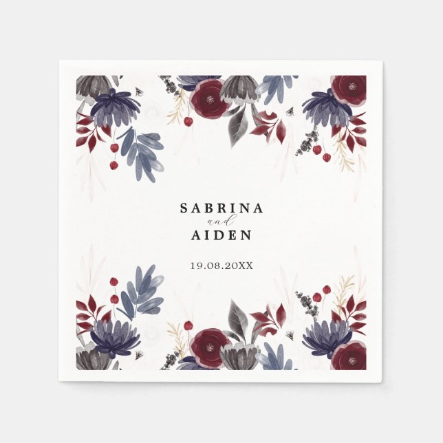 Navy Blue Burgundy Red Gothic Floral Wedding Napkins (Front)