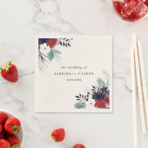 Navy Blue Burgundy Red Gothic Floral Wedding Napkins