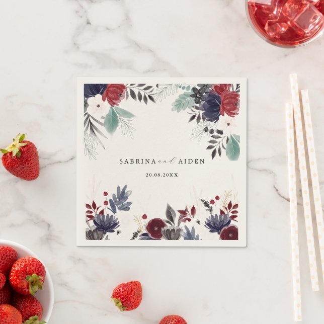 Navy Blue Burgundy Red Gothic Floral Wedding Napkins (Insitu)