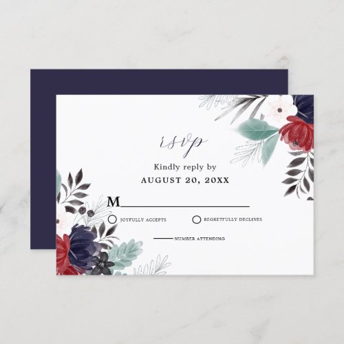 Navy Blue Burgundy Red Gothic Floral Wedding  RSVP Card