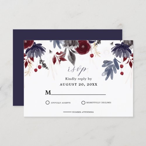 Navy Blue Burgundy Red Gothic Floral Wedding  RSVP Card