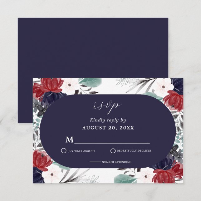 Navy Blue Burgundy Red Gothic Floral Wedding  RSVP Card (Front/Back)