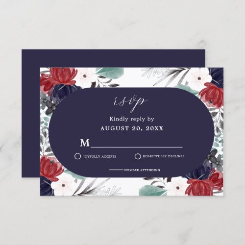 Navy Blue Burgundy Red Gothic Floral Wedding  RSVP Card