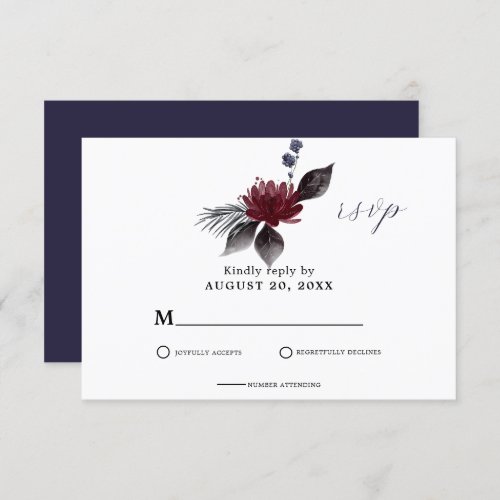 Navy Blue Burgundy Red Gothic Floral Wedding  RSVP Card