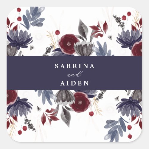 Navy Blue Burgundy Red Gothic Floral Wedding Square Sticker