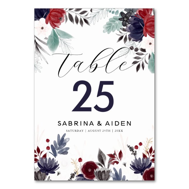 Navy Blue Burgundy Red Gothic Floral Wedding Table Number (Front)