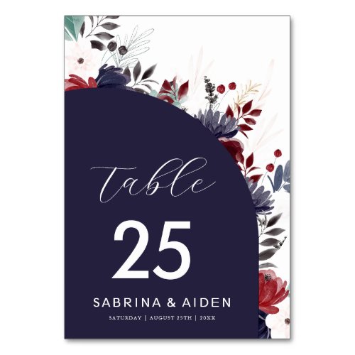 Navy Blue Burgundy Red Gothic Floral Wedding Table Number