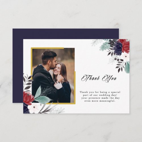 Navy Blue Burgundy Red Gothic Floral Wedding  Thank You Card