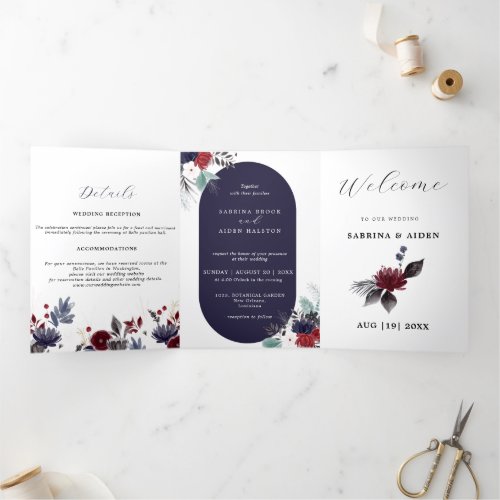 Navy Blue Burgundy Red Gothic Floral Wedding  Tri_Fold Announcement