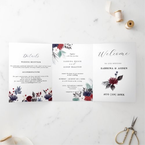 Navy Blue Burgundy Red Gothic Floral Wedding  Tri_Fold Announcement