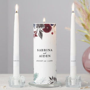 Navy Blue Burgundy Red Gothic Floral Wedding Unity Candle Set