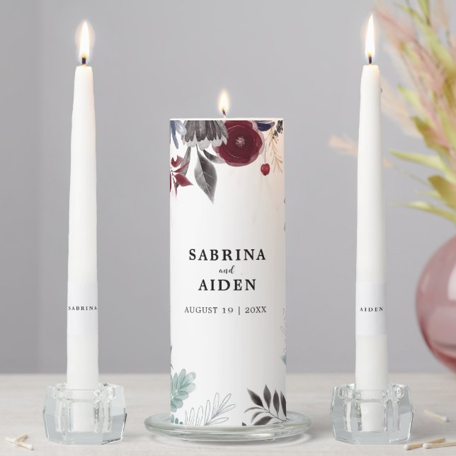 Navy Blue Burgundy Red Gothic Floral Wedding Unity Candle Set (In Situ)