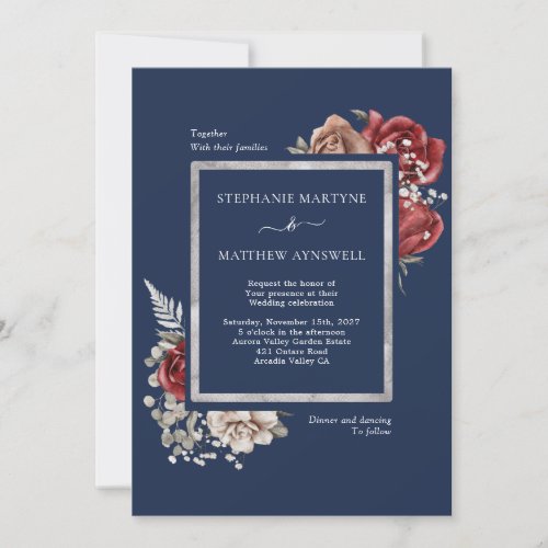 Navy Blue Burgundy Red Rose Botanical Wedding Invitation