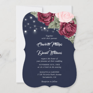 Navy Blue Burgundy Rose Baby's Breath Wedding Invitation