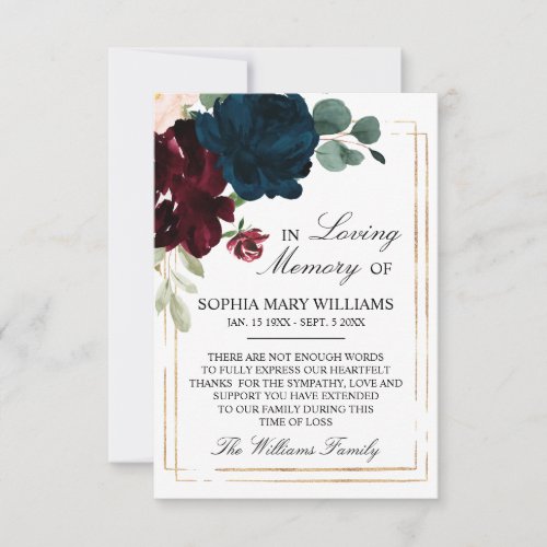 Navy Blue  Burgundy Rose Floral Sympathy Memory Thank You Card