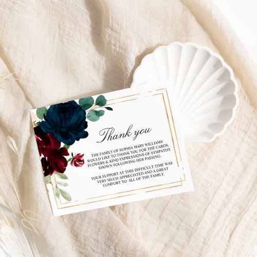Navy Blue  Burgundy Rose Funeral Thank You Note