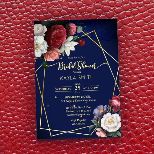 Navy blue burgundy roses geometrical bridal shower invitation