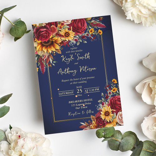 Navy blue burgundy roses sunflowers wedding invite