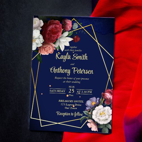 Navy blue burgundy roses wedding invite template